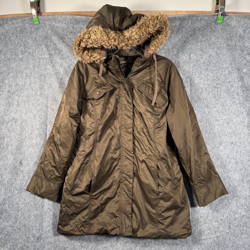 Y2K Old Navy Faux Fur Hood Military Parka Coat Womens M Puffer Long Quilted